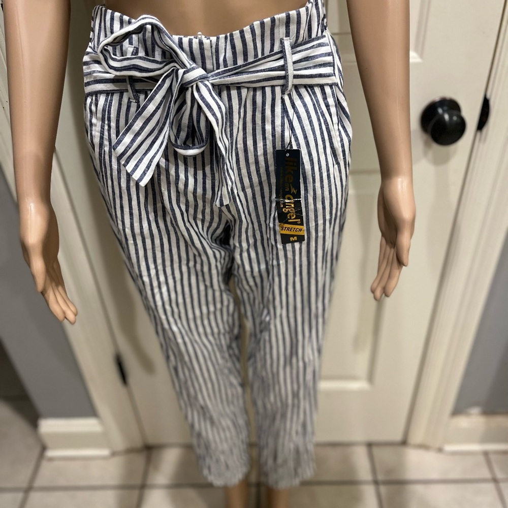 Navy and White Stretch Pants with Tie Belt
